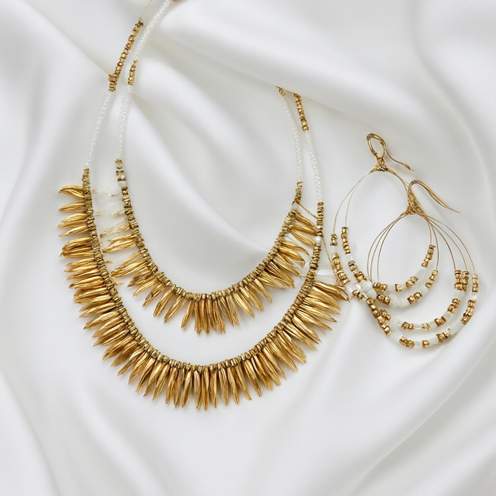 Gold Spike Statement Necklace w/ White & Gold Beads & Drop Earrings - Jewelry